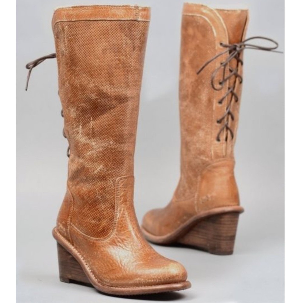 NWT Bed Stu Empress Cobbler Series  Tan Leather Lace-Up Tall Wedge Heeled Boots